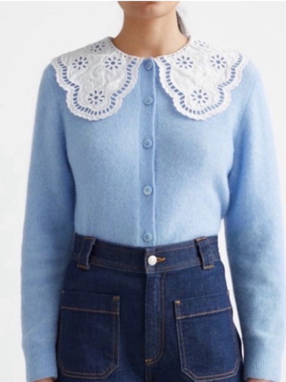 & Other Stories Powder Blue Cardigan with White Eyelet Collar - Picture 6 of 6